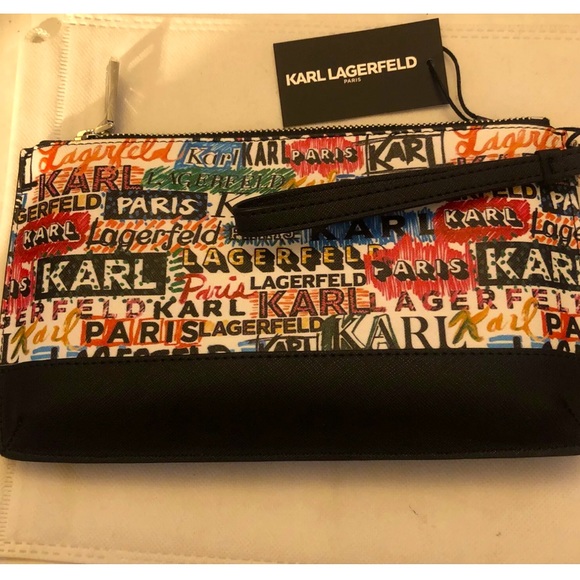 Karl Lagerfeld Faux Leather White,Black & Rainbow Scribble Wristlet NWT - Picture 9 of 10